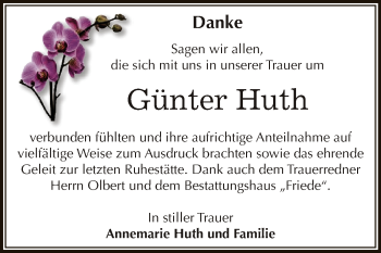 Traueranzeige von Günter Huth von WVG - Wochenspiegel Dessau / Köthen