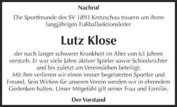 Traueranzeige von Lutz Klose von Super Sonntag Zeitz