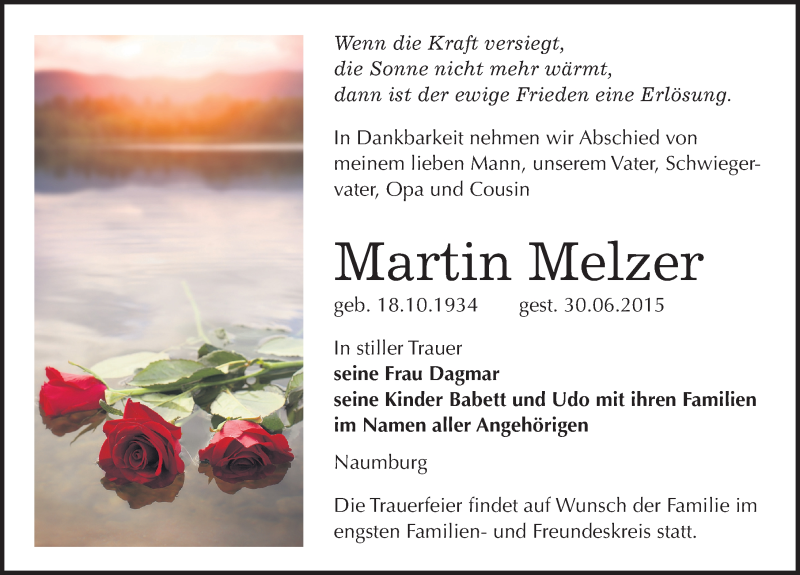  Traueranzeige für Martin Melzer vom 04.07.2015 aus Mitteldeutsche Zeitung Naumburg/Nebra