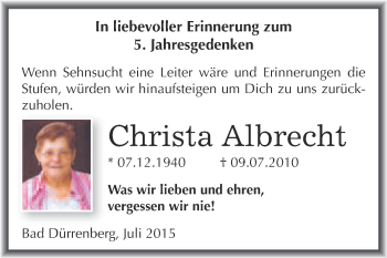 Traueranzeige von Christa Albrecht von Super Sonntag Merseburg