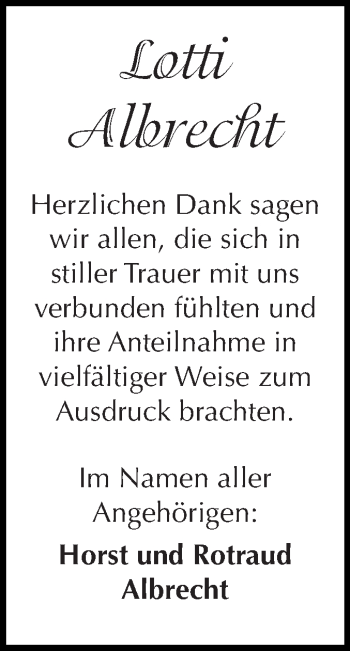 Traueranzeige von Lotti Albrecht von WVG - Wochenspiegel Quedlinburg