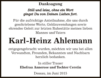 Traueranzeige von Karl-Heinz Ahlemann von WVG - Wochenspiegel Dessau / Köthen