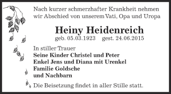 Traueranzeige von Heiny Heidenreich von WVG - Wochenspiegel Dessau / Köthen
