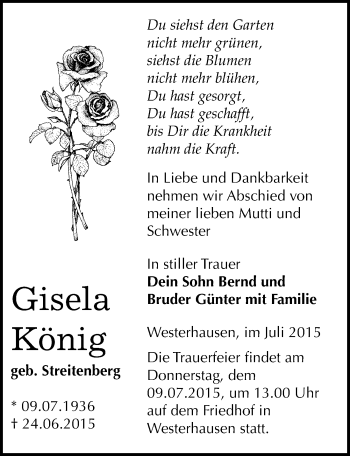 Traueranzeige von Gisela König von Mitteldeutsche Zeitung Quedlinburg