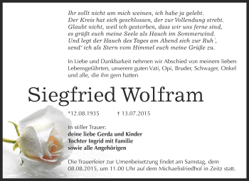 Traueranzeige von Siegfried Wolfram von Super Sonntag Zeitz