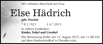 Traueranzeige von Else Hädrich von Mitteldeutsche Zeitung Halle/Saalkreis