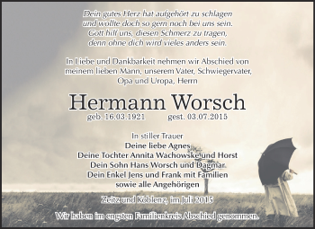 Traueranzeige von Hermann Worsch von Super Sonntag Zeitz