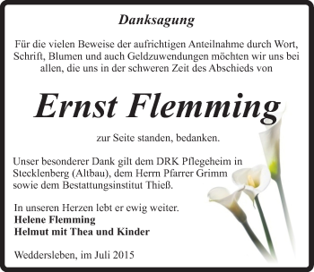 Traueranzeige von Ernst Flemming von Mitteldeutsche Zeitung Quedlinburg
