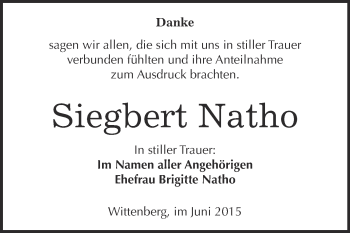 Traueranzeige von Siegbert Natho von WVG - Wochenspiegel Wittenberg