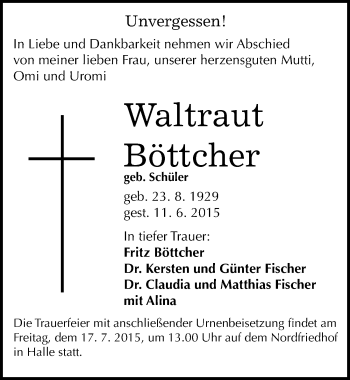 Traueranzeige von Fritz Böttcher von Mitteldeutsche Zeitung Halle/Saalkreis