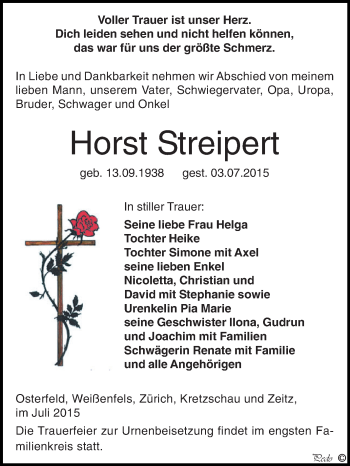 Traueranzeige von Horst Streipert von Super Sonntag Zeitz
