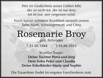 Traueranzeige von Rosemarie Broy von Mitteldeutsche Zeitung Dessau-Roßlau
