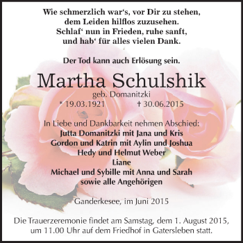Traueranzeige von Martha Schulshik von Super Sonntag Aschersleben