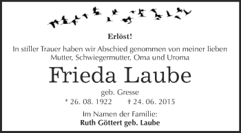 Traueranzeige von Frieda Laube von WVG - Wochenspiegel Wittenberg