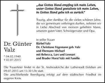 Traueranzeige von Günter Valz von Mitteldeutsche Zeitung Mansfelder Land