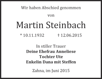 Traueranzeige von Martin Steinbach von WVG - Wochenspiegel Wittenberg