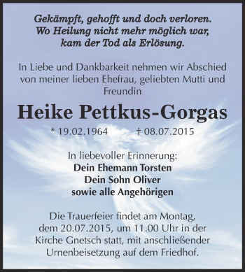 Traueranzeige von Heike Pettkus-Gorgas von WVG - Wochenspiegel Dessau / Köthen