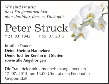 Traueranzeige von Peter Struck von WVG - Wochenspiegel Bitterfeld
