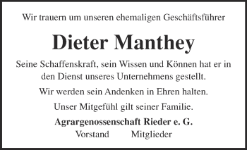 Traueranzeige von Dieter Manthey von Super Sonntag Quedlinburg