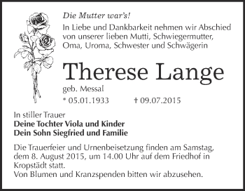 Traueranzeige von Therese Lange von WVG - Wochenspiegel Wittenberg
