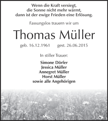 Traueranzeige von Thomas Müller von Super Sonntag Zeitz