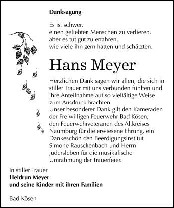 Traueranzeige von Hans Meyer von Mitteldeutsche Zeitung Naumburg/Nebra