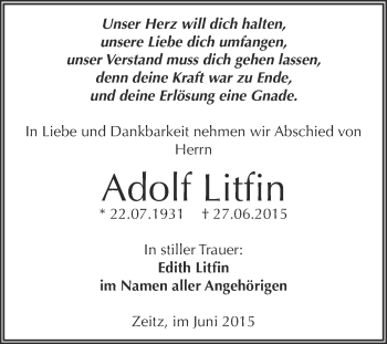Traueranzeige von Adolf Litfin von Super Sonntag Zeitz