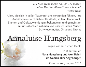 Traueranzeige von Annaluise Hungsberg von Wochenspiegel Mansfelder Land