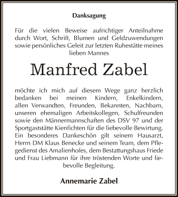 Traueranzeige von Manfred Zabel von WVG - Wochenspiegel Dessau / Köthen