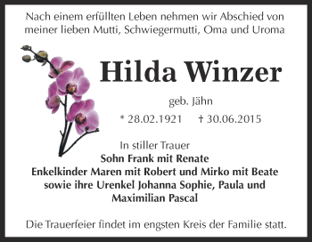 Traueranzeige von Hilda Winzer von WVG - Wochenspiegel Dessau / Köthen