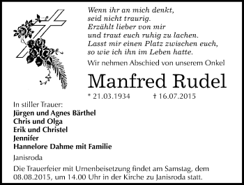 Traueranzeige von Manfred Rudel von Mitteldeutsche Zeitung Naumburg/Nebra
