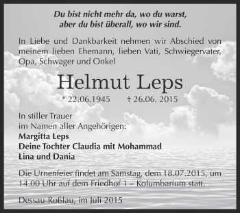 Traueranzeige von Helmut Leps von WVG - Wochenspiegel Dessau / Köthen