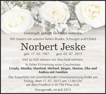 Traueranzeige von Norbert Jeske von Super Sonntag Quedlinburg