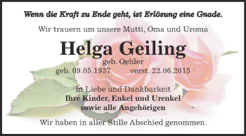 Traueranzeige von Helga Geiling von Super Sonntag Zeitz