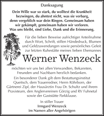 Traueranzeige von Werner Wenzeck von WVG - Wochenspiegel Dessau / Köthen