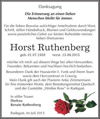 Traueranzeige von Horst Ruthenberg von Mitteldeutsche Zeitung Köthen