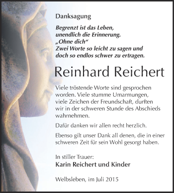 Traueranzeige von Reinhard Reichert von Wochenspiegel Mansfelder Land