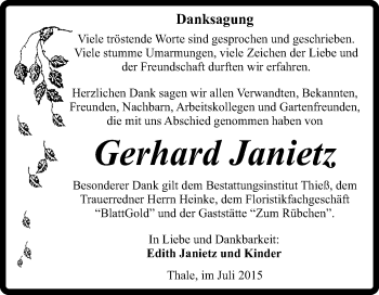 Traueranzeige von Gerhard Janietz von Super Sonntag Quedlinburg