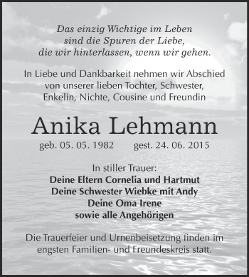 Traueranzeige von Anika Lehmann von WVG - Wochenspiegel Wittenberg
