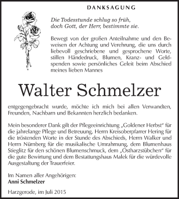 Traueranzeige von Walter Schmelzer von WVG - Wochenspiegel Quedlinburg
