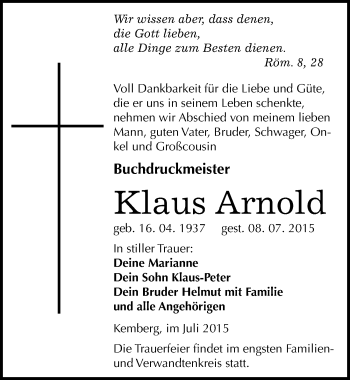 Traueranzeige von Klaus Arnold von Mitteldeutsche Zeitung Wittenberg
