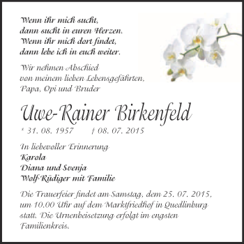 Traueranzeige von Uwe-Rainer Birkenfeld von WVG - Wochenspiegel Quedlinburg