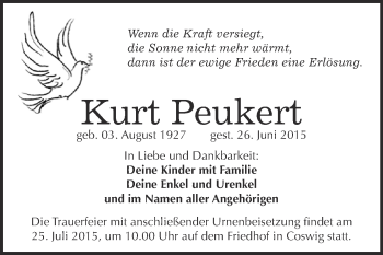 Traueranzeige von Kurt Peukert von Super Sonntag Wittenberg