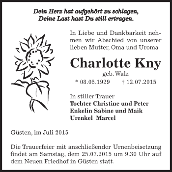 Traueranzeige von Charlotte Kny von Super Sonntag Bernburg