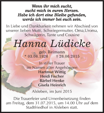 Traueranzeige von Hanna Lüdicke von Mitteldeutsche Zeitung Bernburg