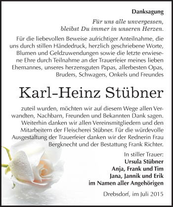 Traueranzeige von Karl-Heinz Stübner von Mitteldeutsche Zeitung Sangerhausen