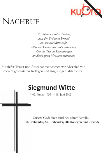 Traueranzeige von Siegmund Witte von Super Sonntag Wittenberg