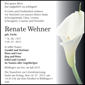 Traueranzeige von Renate Wehner von Super Sonntag SGH Mansf. Land