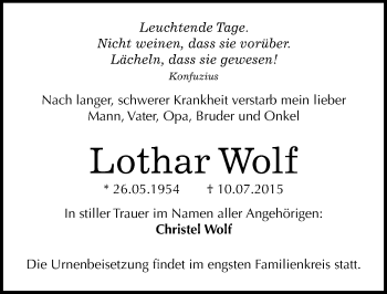 Traueranzeige von Lothar Wolf von Mitteldeutsche Zeitung Mansfelder Land