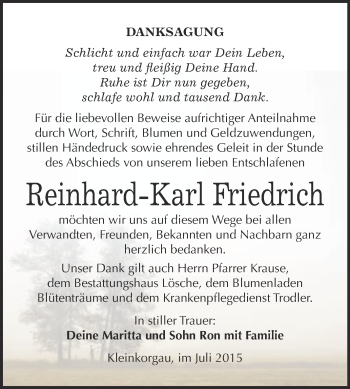 Traueranzeige von Reinhard-Karl  Friedrich von WVG - Wochenspiegel Wittenberg